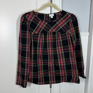 J. Crew Tartan Plaid Puff-Sleeve Top in Stretch Poplin‎ Medium Red Black small
